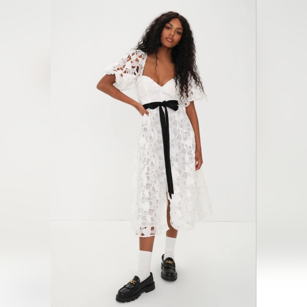 For Love & Lemons White Lace Midi Dress with Black Bow